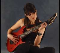Guitar girl on red - thumbnail